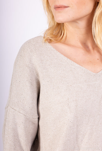 Pull Maille Fine Col V Brillant À Sequins Et Bords-Côtes