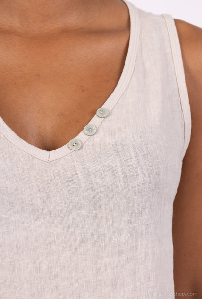 Débardeur Col V à Boutons Bi-Matière 50% Lin 50% Coton