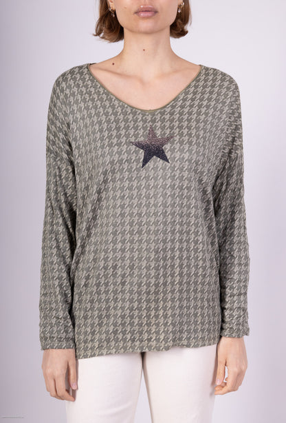 T-Shirt Col Rond Motif Pied De Poule Imprimé Étoile