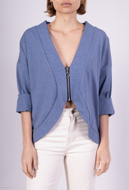 Gilet Zippé Court Col V Dégagé Coton/Polyamide
