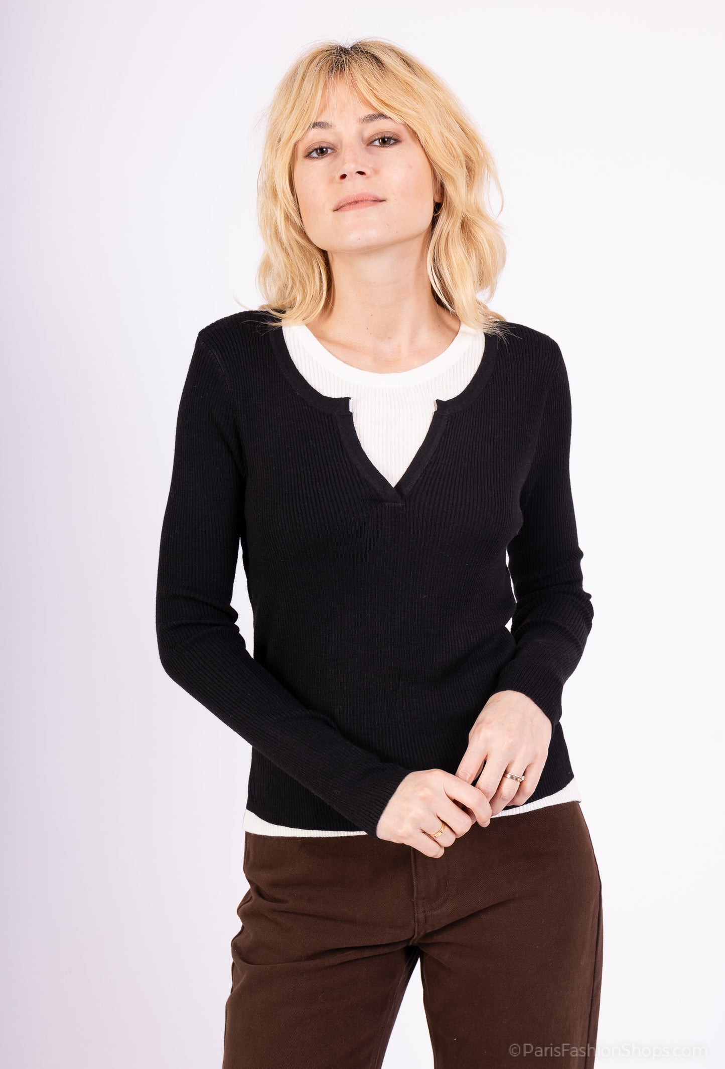 Pull Léger Côtelé Effet Superposé Bicolore Col Fendu