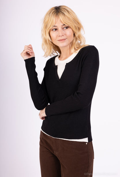 Pull Léger Côtelé Effet Superposé Bicolore Col Fendu