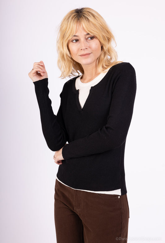 Pull Léger Côtelé Effet Superposé Bicolore Col Fendu