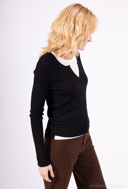 Pull Léger Côtelé Effet Superposé Bicolore Col Fendu