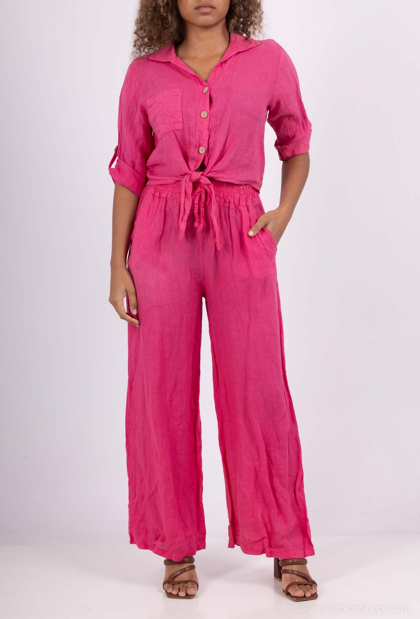 Chemise 100% Lin Cropped Noeud Manches 3/4
