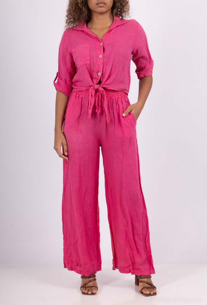 Chemise 100% Lin Cropped Noeud Manches 3/4
