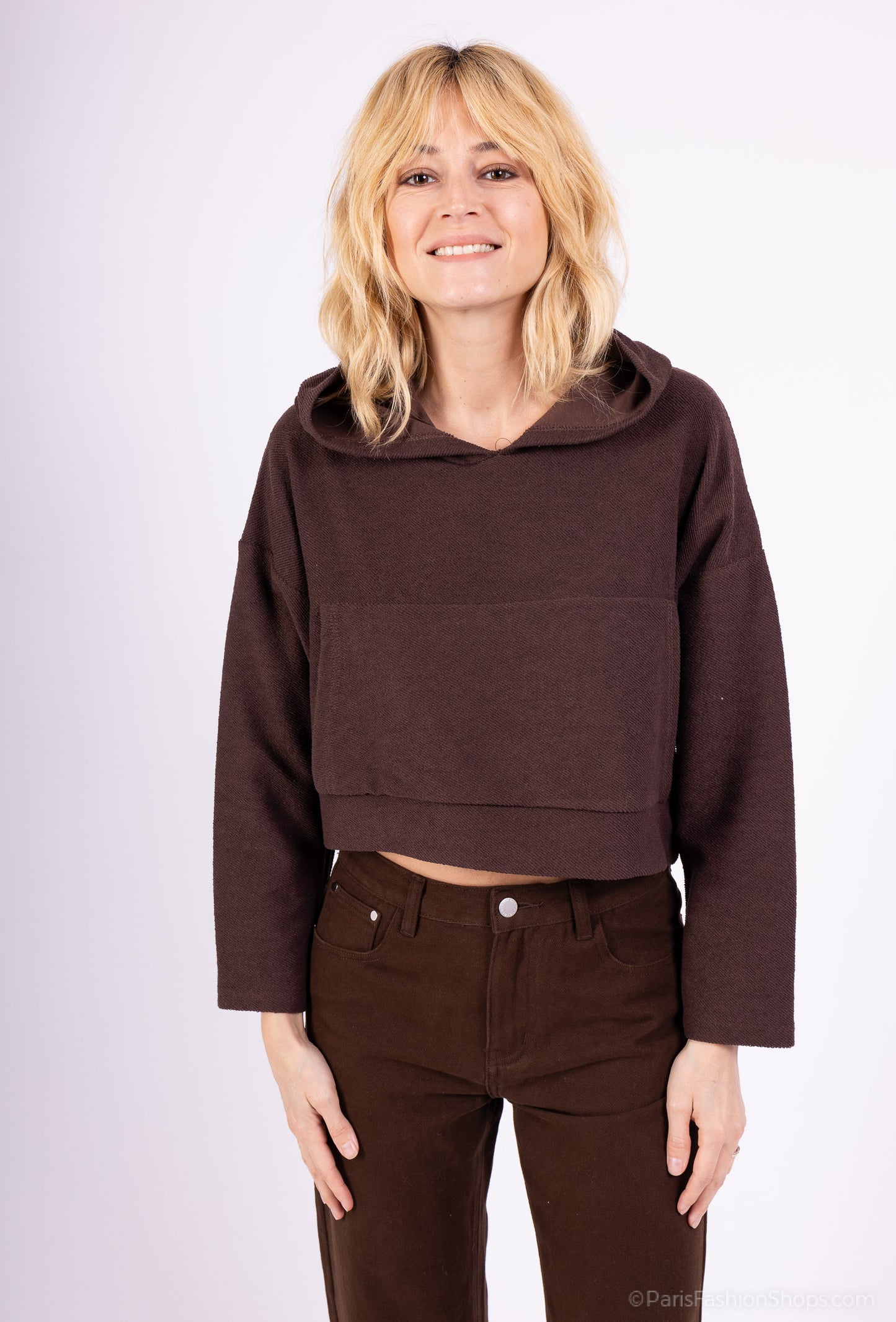 Sweatshirt Large Cropped Capuche Poche Kangourou 100% Coton