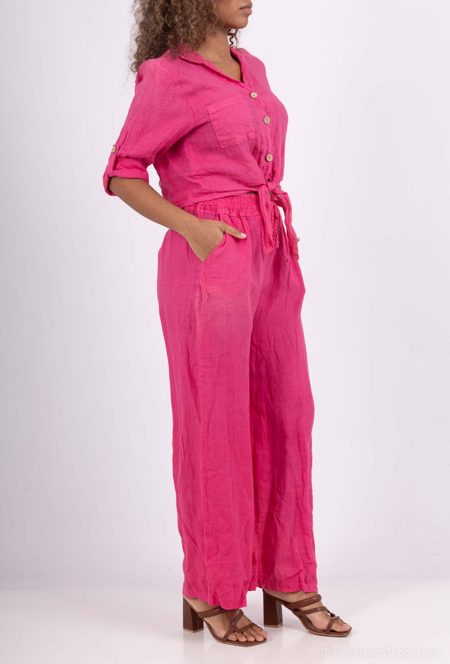 Chemise 100% Lin Cropped Noeud Manches 3/4
