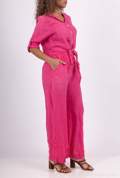 Chemise 100% Lin Cropped Noeud Manches 3/4