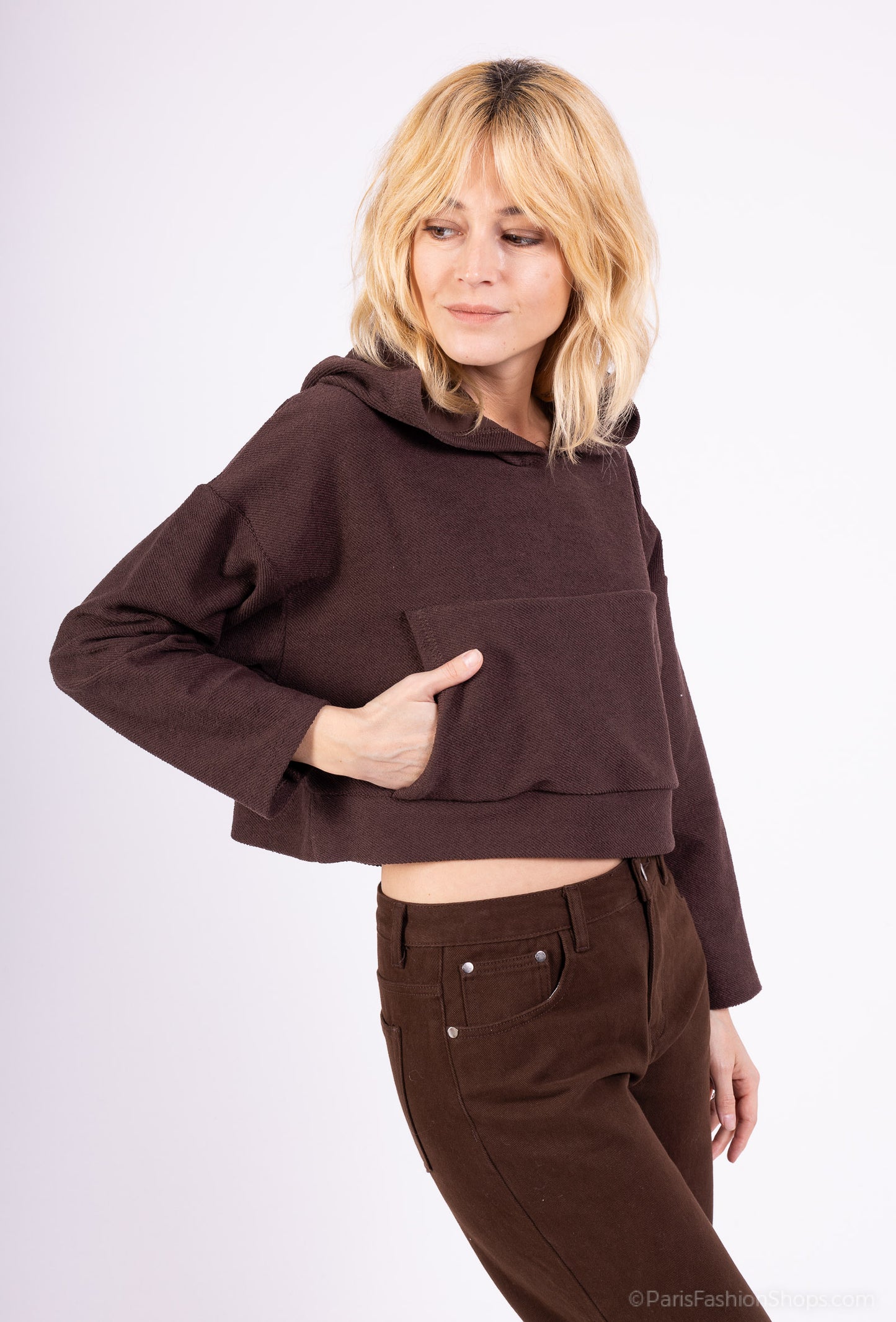 Sweatshirt Large Cropped Capuche Poche Kangourou 100% Coton
