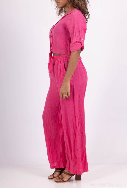 Chemise 100% Lin Cropped Noeud Manches 3/4