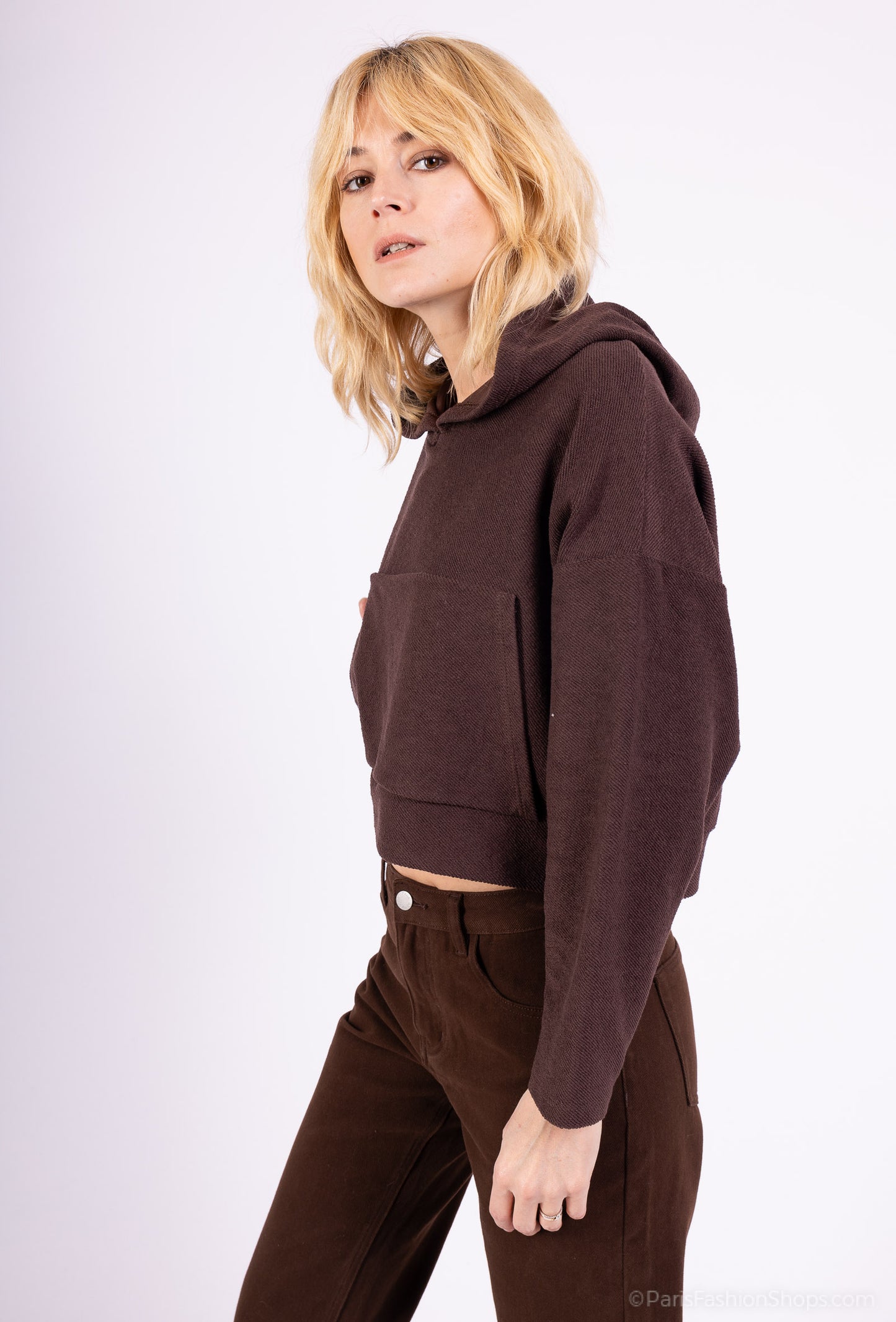 Sweatshirt Large Cropped Capuche Poche Kangourou 100% Coton