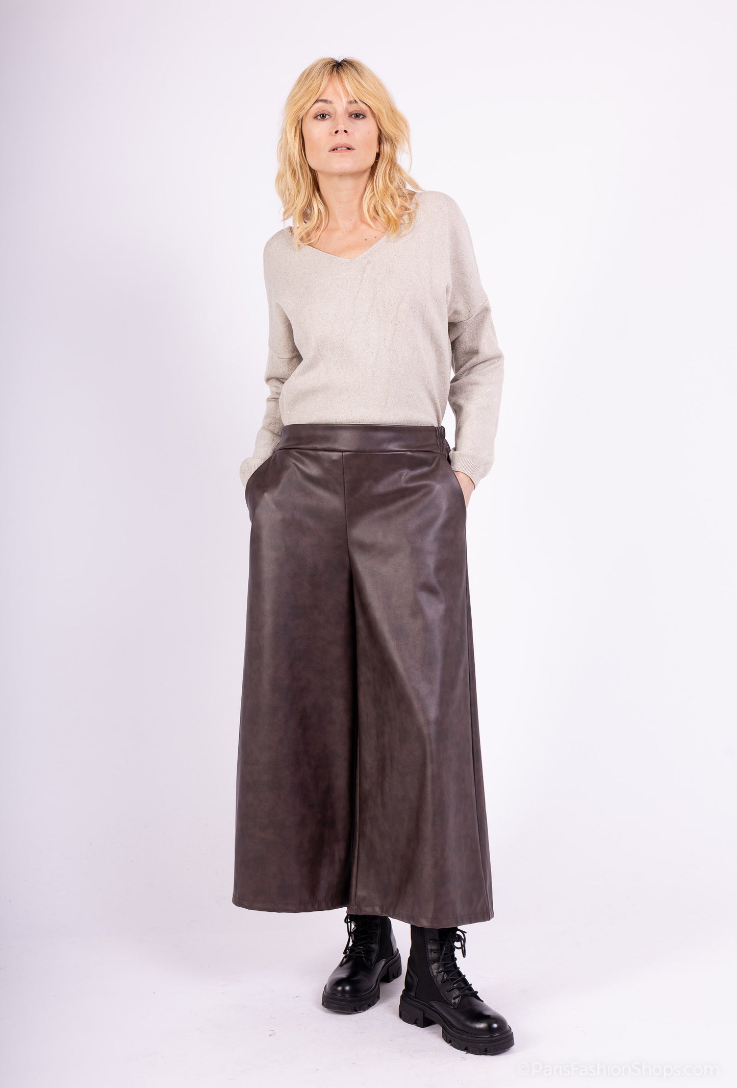 Pantalon-Jupe Large Simili Cuir Taille Élastique À Poches