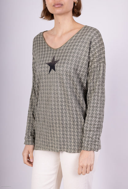 T-Shirt Col Rond Motif Pied De Poule Imprimé Étoile