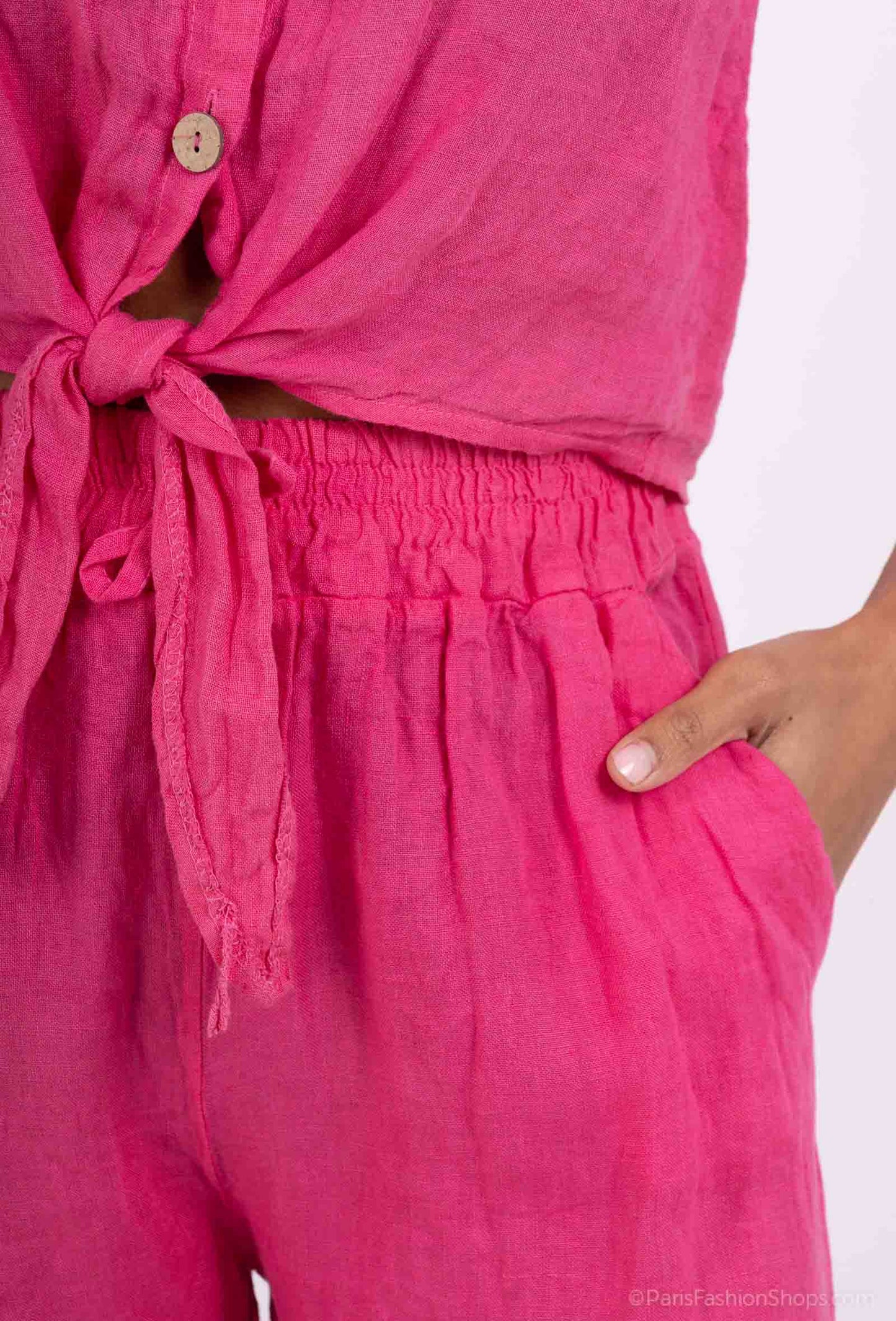 Chemise 100% Lin Cropped Noeud Manches 3/4