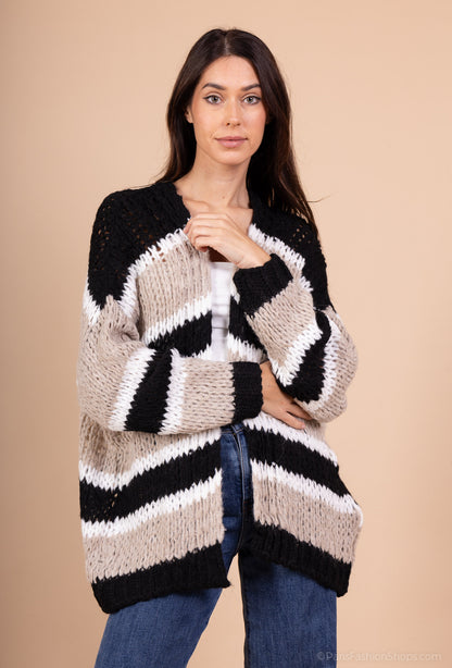 Cardigan Maille Large Motif Rayé Bi-Colore 18% Laine