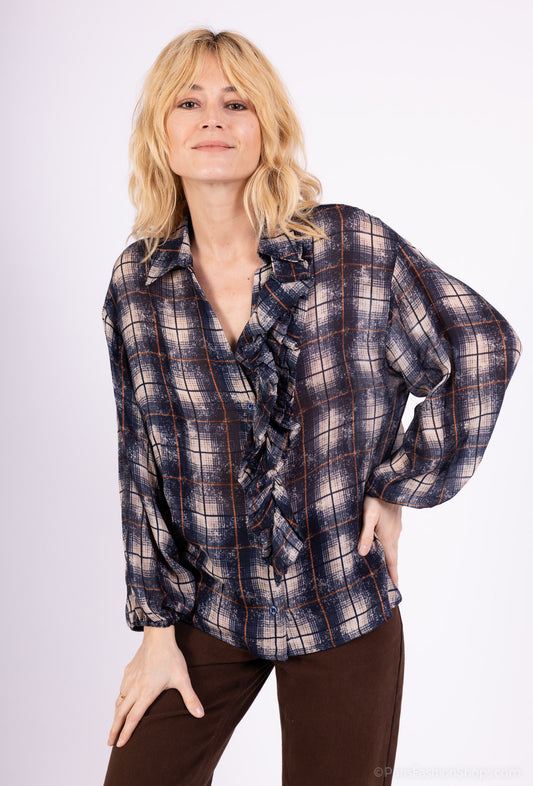 Chemisier Col V À Volants Manches Bouffantes Motif Tartan