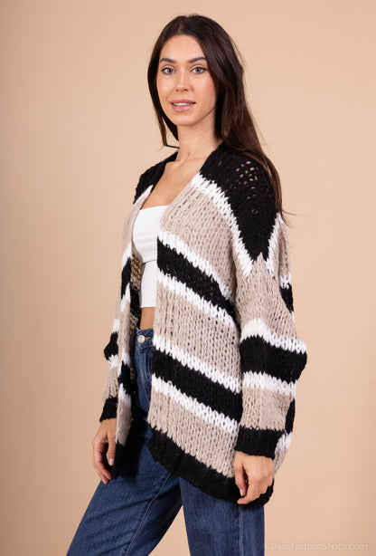 Cardigan Maille Large Motif Rayé Bi-Colore 18% Laine