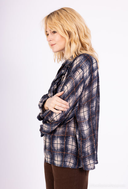 Chemisier Col V À Volants Manches Bouffantes Motif Tartan