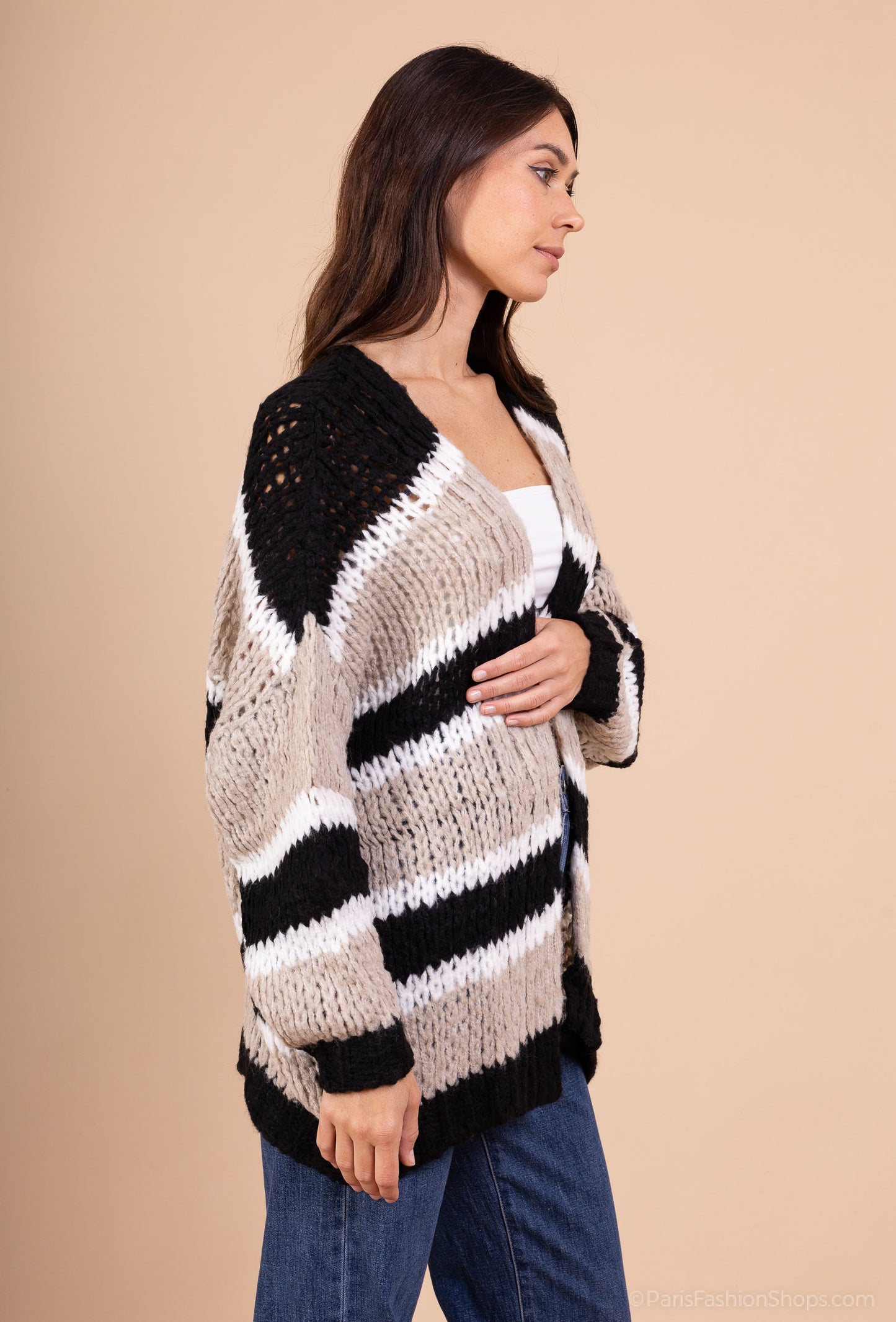 Cardigan Maille Large Motif Rayé Bi-Colore 18% Laine