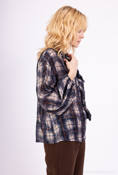 Chemisier Col V À Volants Manches Bouffantes Motif Tartan