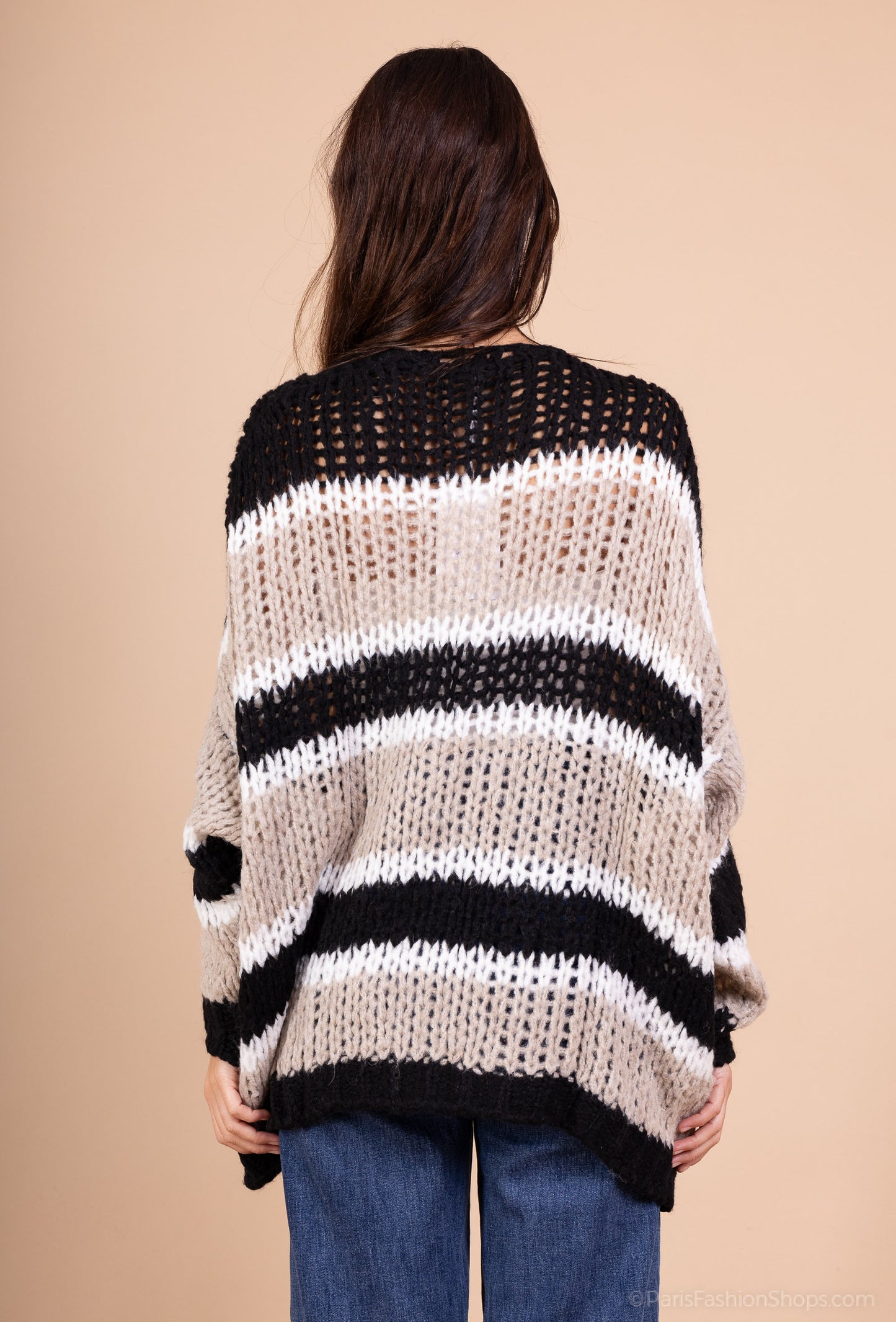 Cardigan Maille Large Motif Rayé Bi-Colore 18% Laine