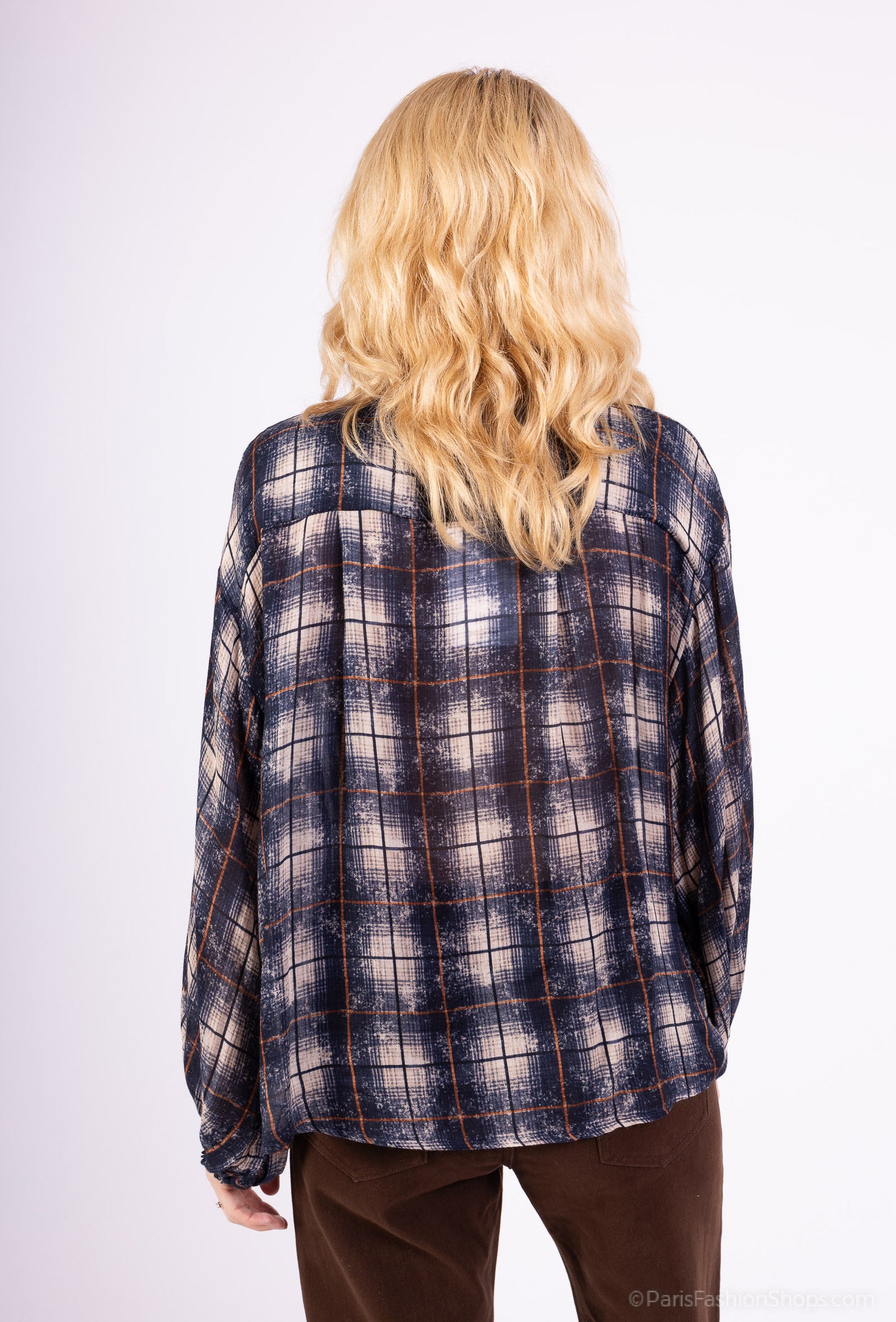 Chemisier Col V À Volants Manches Bouffantes Motif Tartan