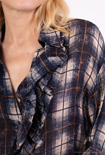 Chemisier Col V À Volants Manches Bouffantes Motif Tartan