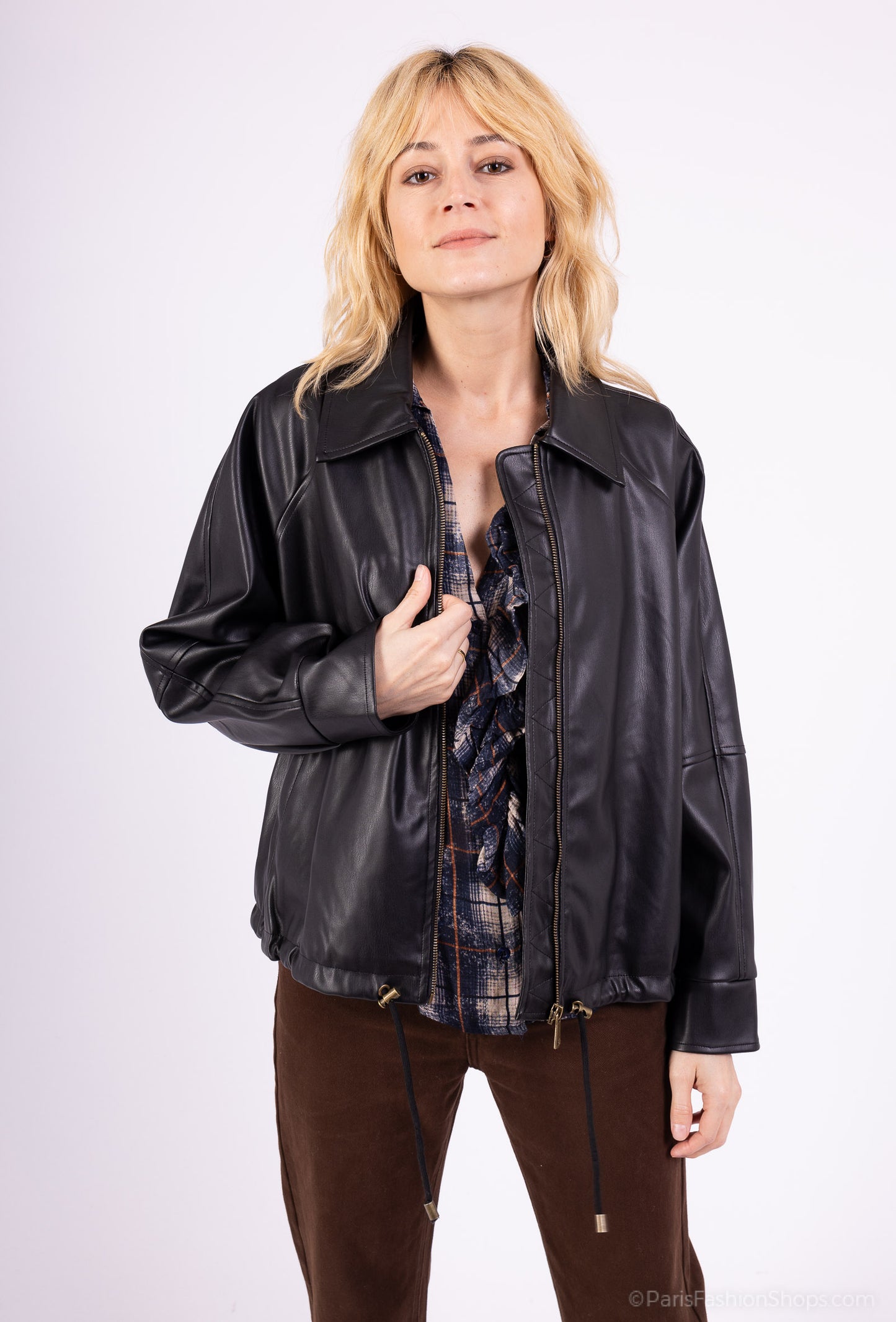 Veste Simili Cuir Col Chemise Taille Élastique À Cordon