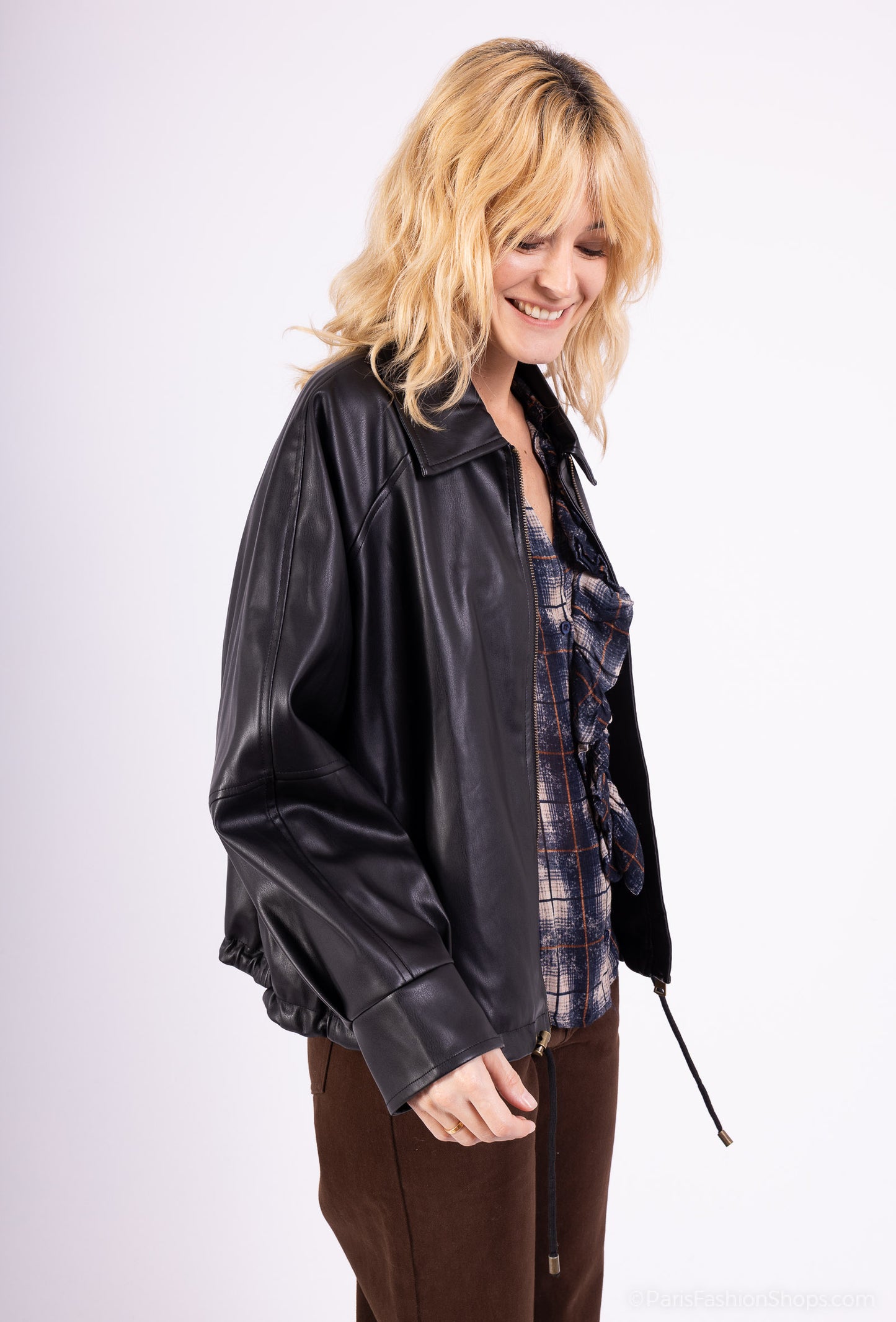 Veste Simili Cuir Col Chemise Taille Élastique À Cordon