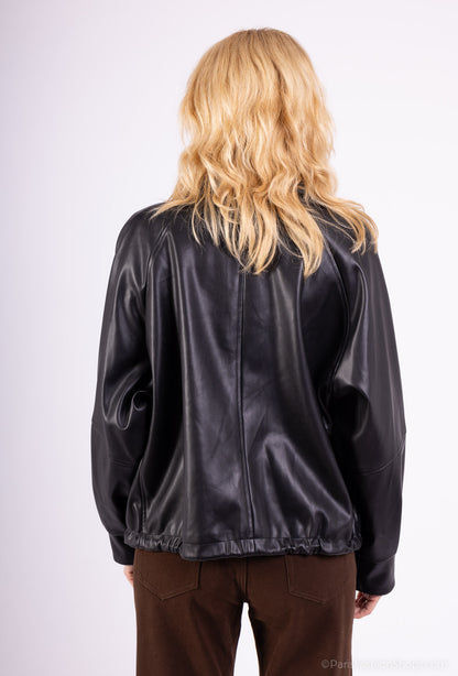 Veste Simili Cuir Col Chemise Taille Élastique À Cordon