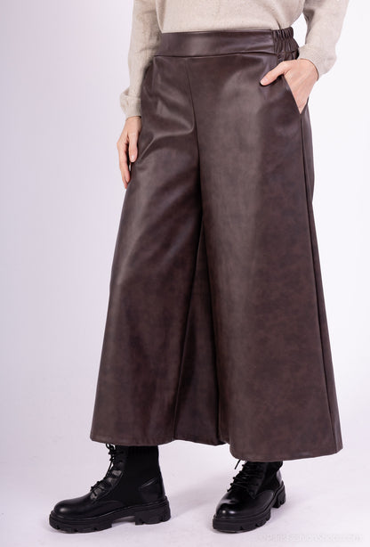 Pantalon-Jupe Large Simili Cuir Taille Élastique À Poches