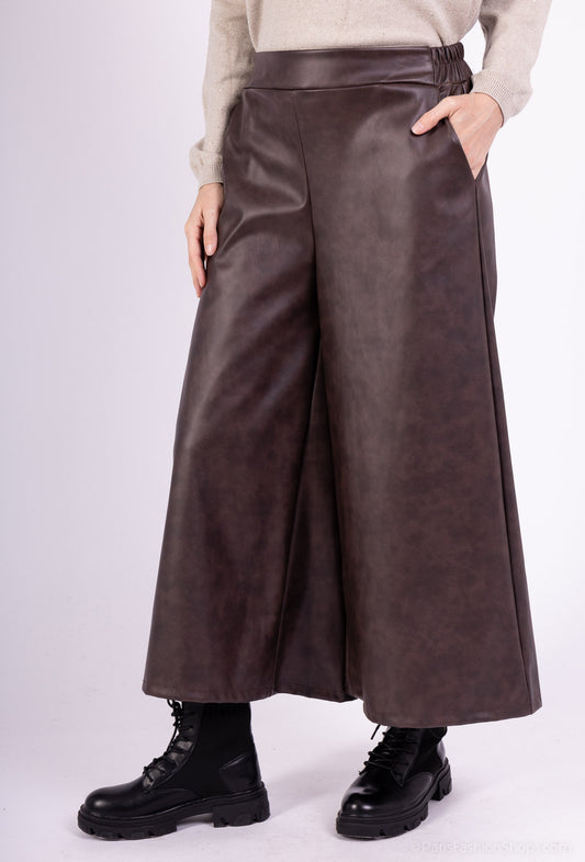 Pantalon-Jupe Large Simili Cuir Taille Élastique À Poches