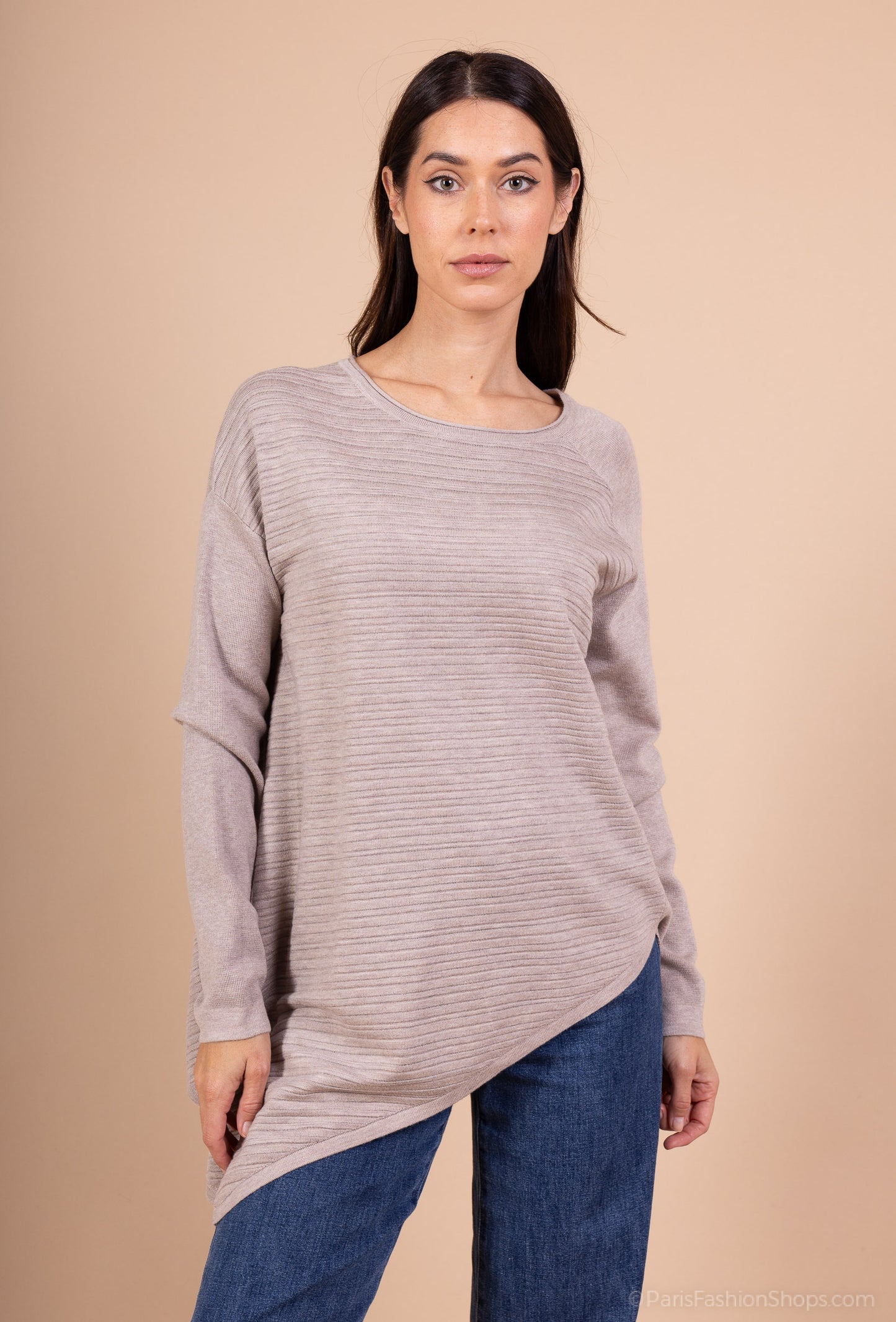 Pull Tunique Coupe Asymétrique Relief Rayures