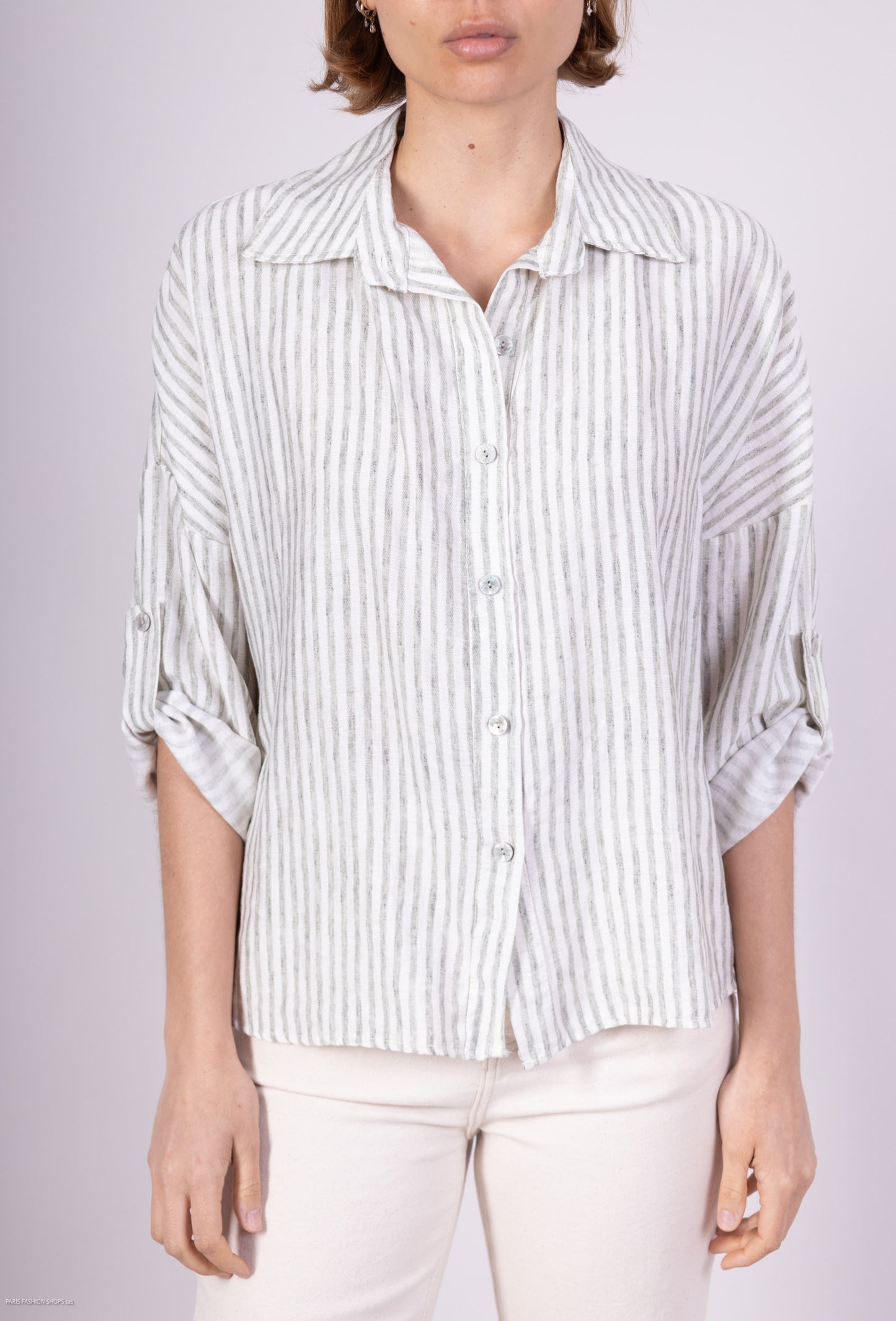 Chemise Manche Longue Boutonnée Rayures Vertical en Lin