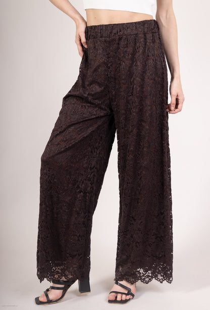 Pantalon Coupe Droite Doublé Dentelle Taille Élastique