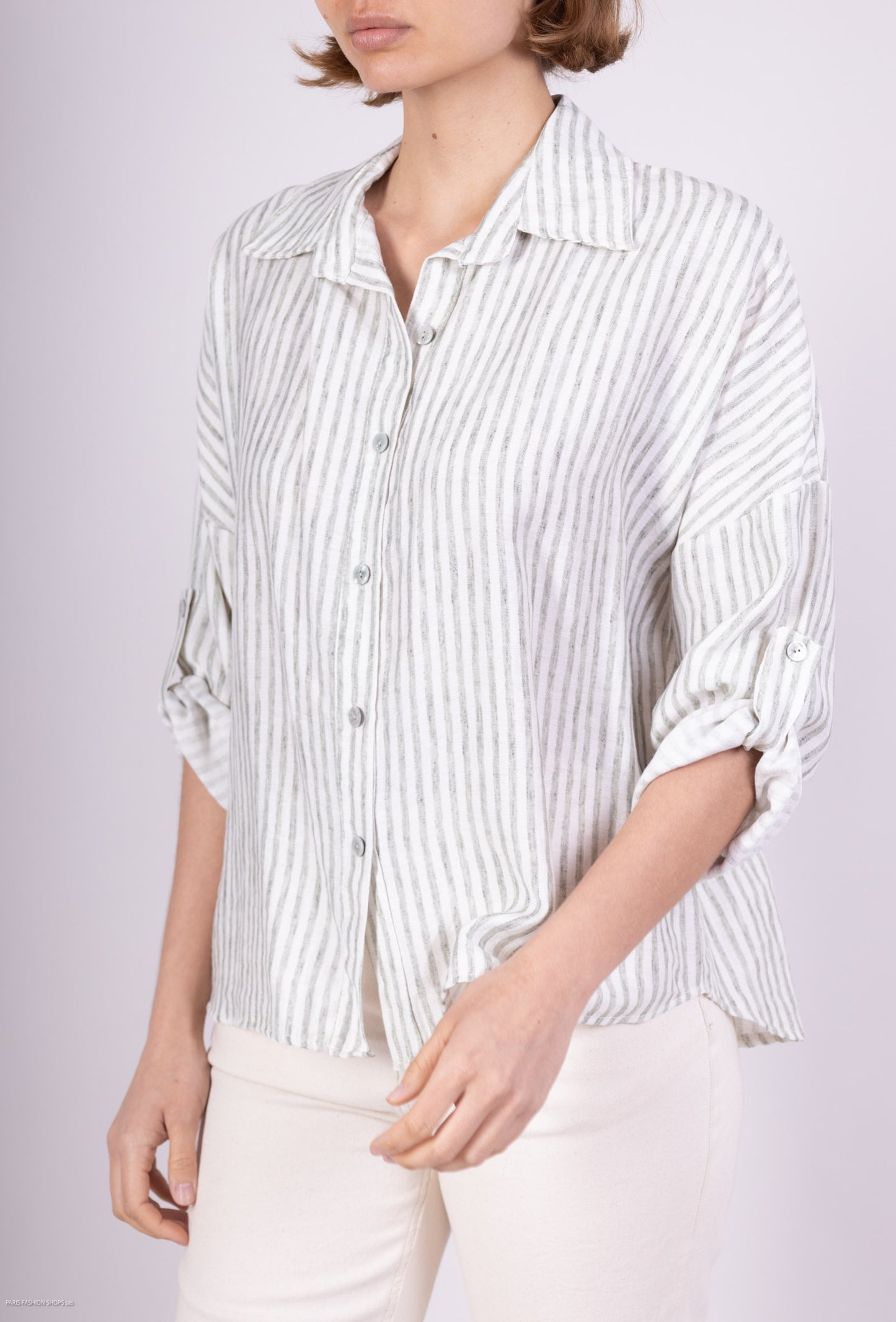 Chemise Manche Longue Boutonnée Rayures Vertical en Lin