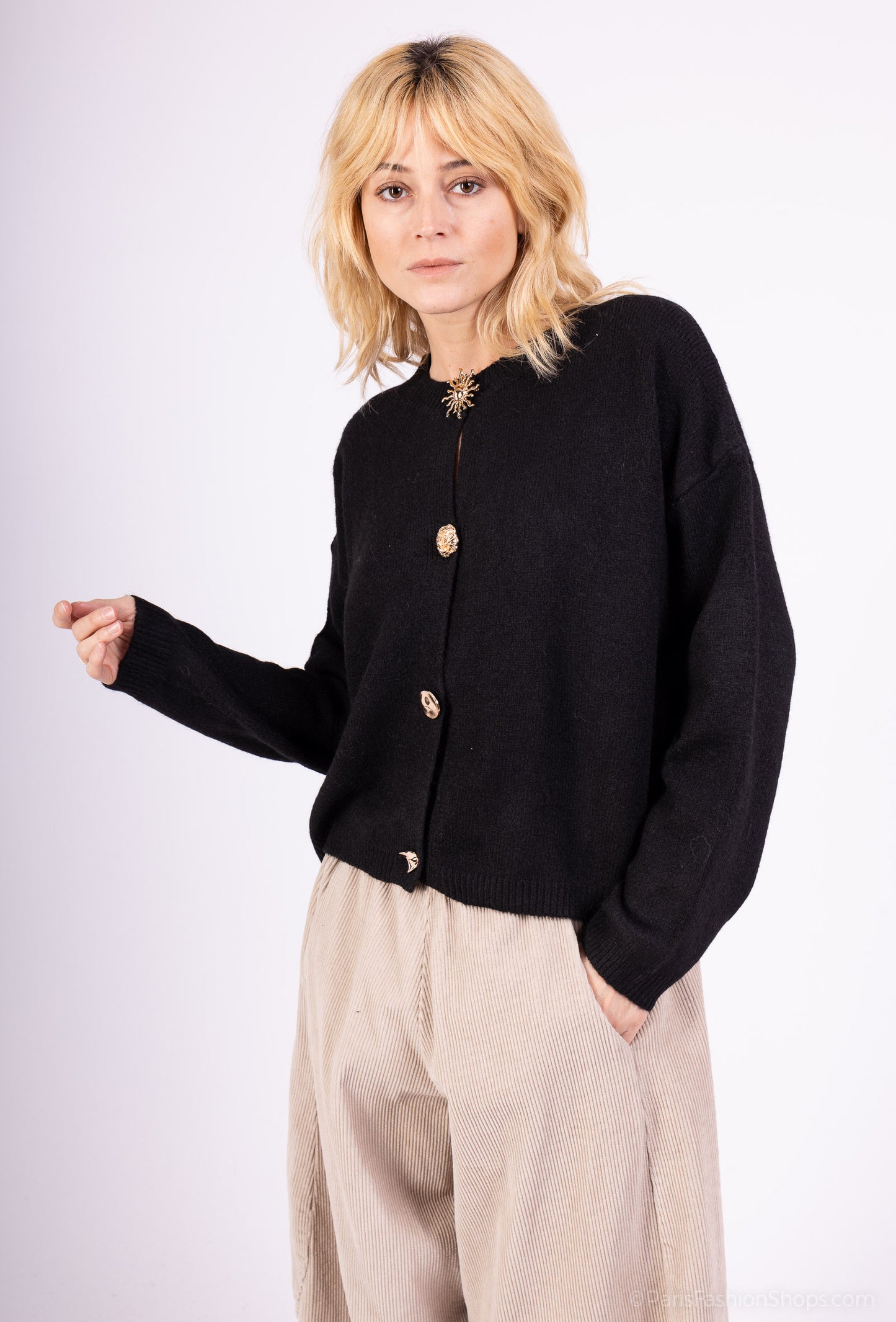 Cardigan Large Boutons Fantaisie Bords-Côtes 10% Laine