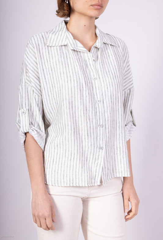 Chemise Manche Longue Boutonnée Rayures Vertical en Lin