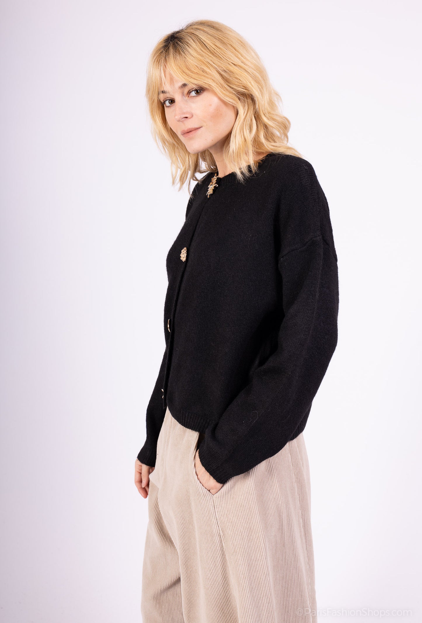 Cardigan Large Boutons Fantaisie Bords-Côtes 10% Laine