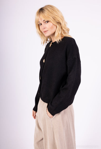 Cardigan Large Boutons Fantaisie Bords-Côtes 10% Laine