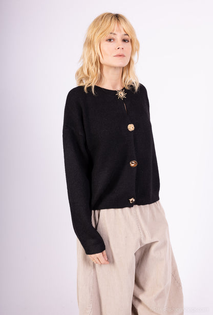 Cardigan Large Boutons Fantaisie Bords-Côtes 10% Laine