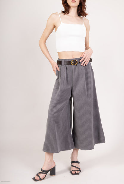 Pantalon-Jupe Coupe Large Droite Rayé Taille Élastique Ceinture