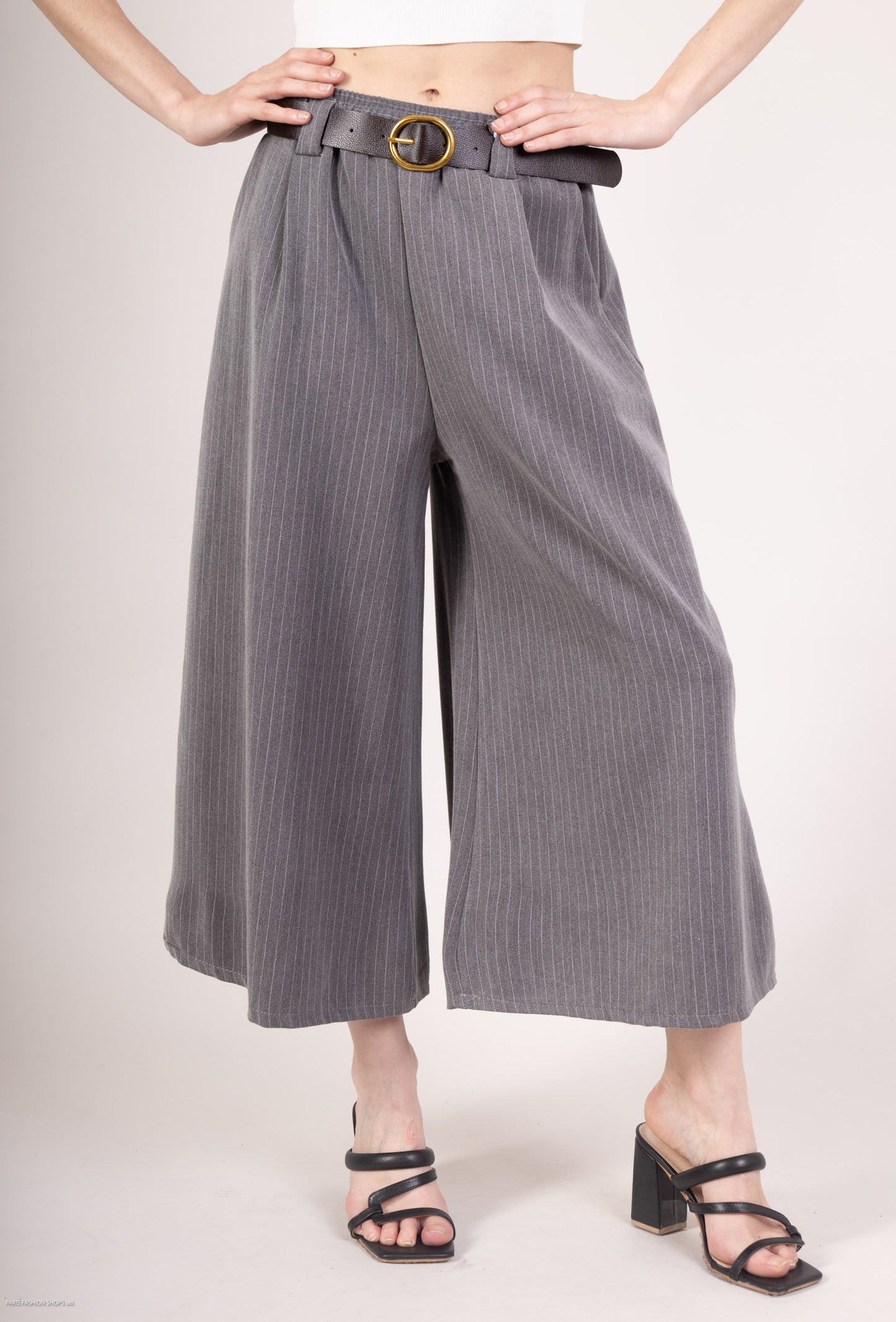 Pantalon-Jupe Coupe Large Droite Rayé Taille Élastique Ceinture