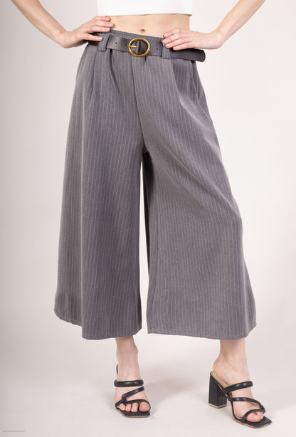 Pantalon-Jupe Coupe Large Droite Rayé Taille Élastique Ceinture