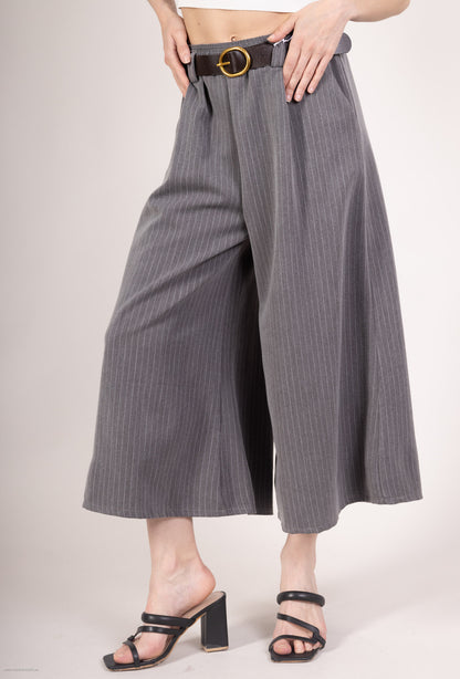 Pantalon-Jupe Coupe Large Droite Rayé Taille Élastique Ceinture