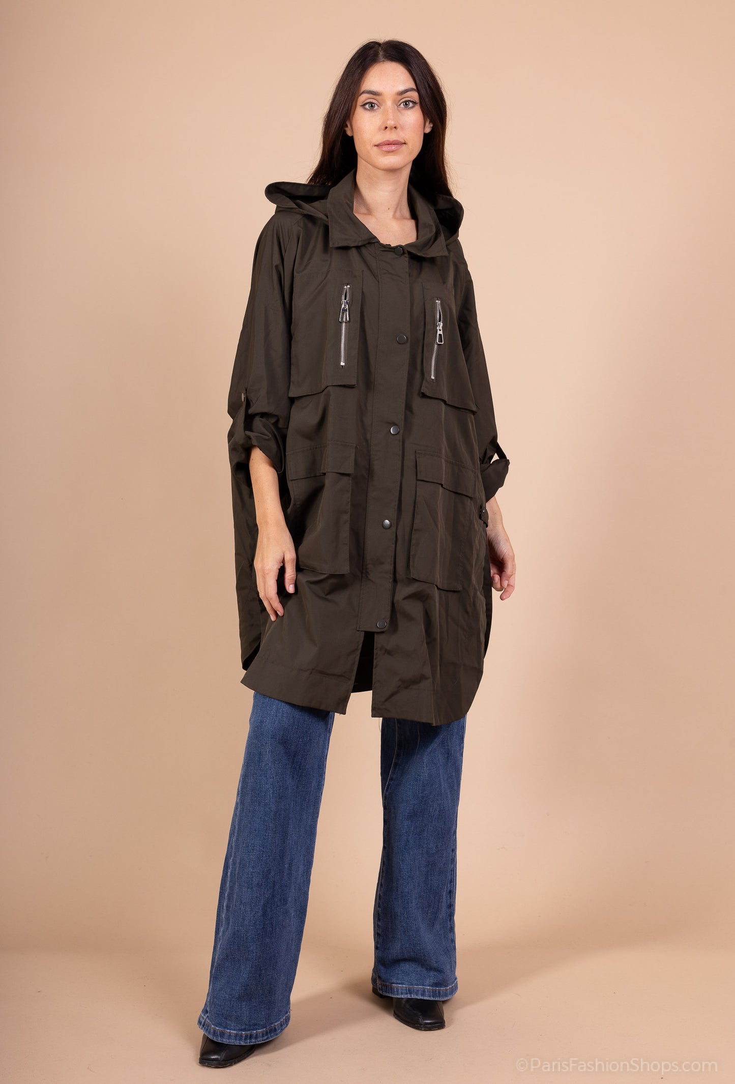 Imperméable Long à Capuche Poches Et Fente Boutonné