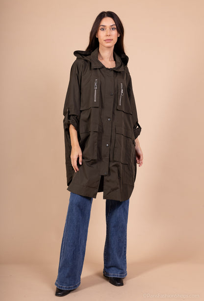 Imperméable Long à Capuche Poches Et Fente Boutonné