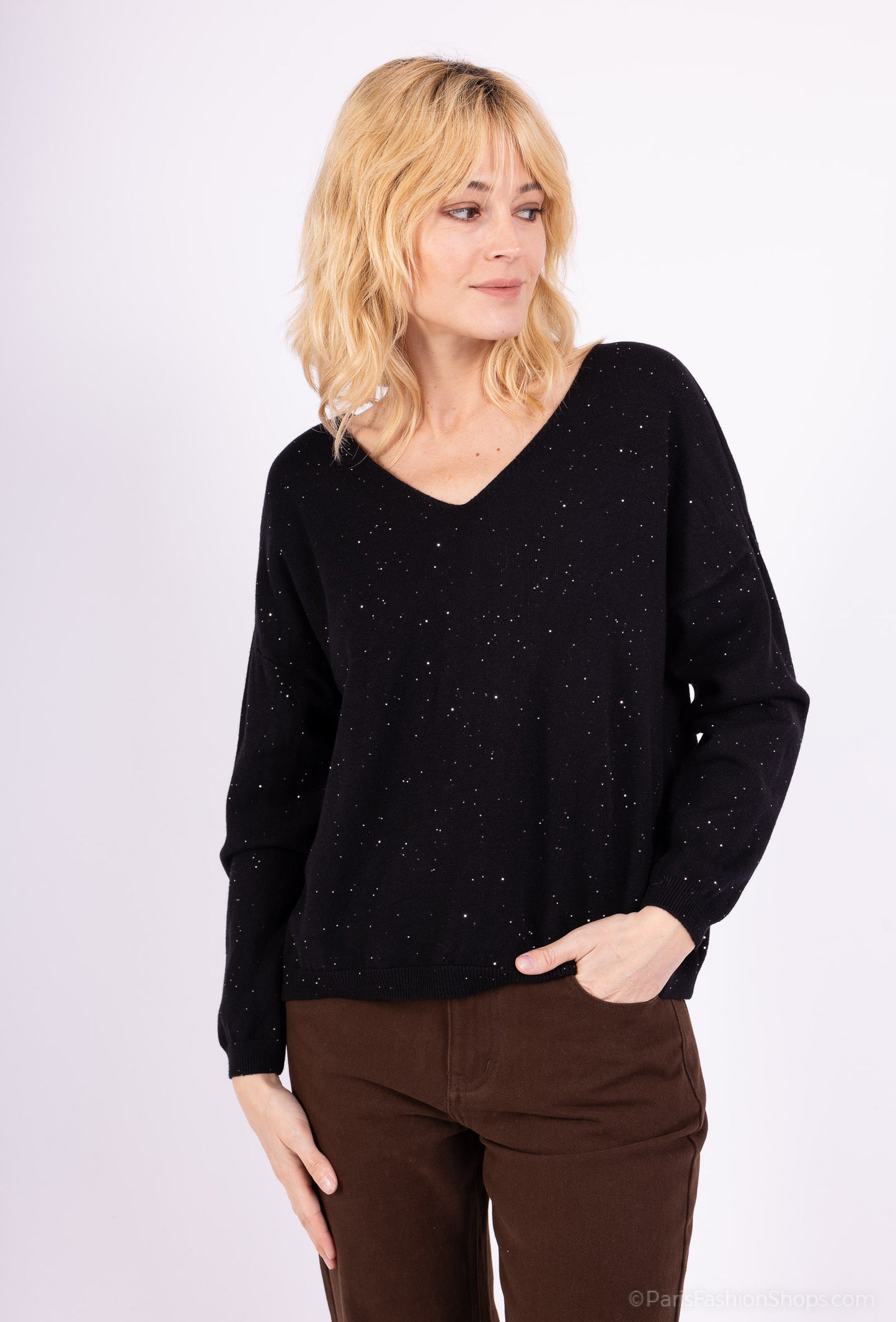 Pull Maille Fine Col V Brillant À Sequins Et Bords-Côtes