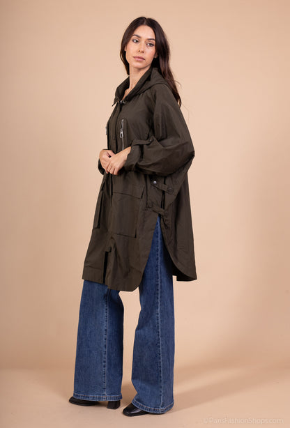 Imperméable Long à Capuche Poches Et Fente Boutonné